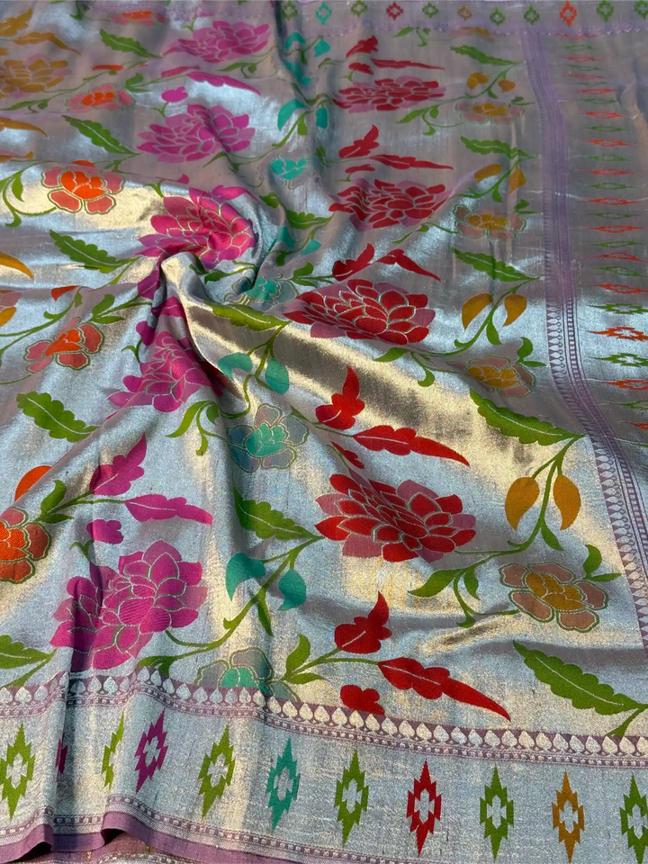 Dusty Lavender Pure Tussar Georgette Handwoven Masterpiece Banarasi Saree