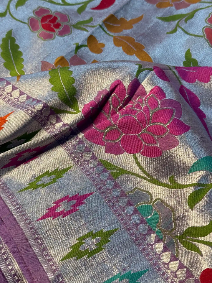 Dusty Lavender Pure Tussar Georgette Handwoven Masterpiece Banarasi Saree