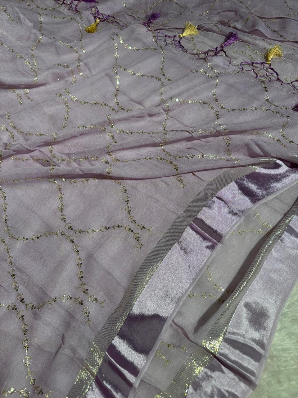 Dusty Lavender Viscose Georgette Silk Embroidered Saree