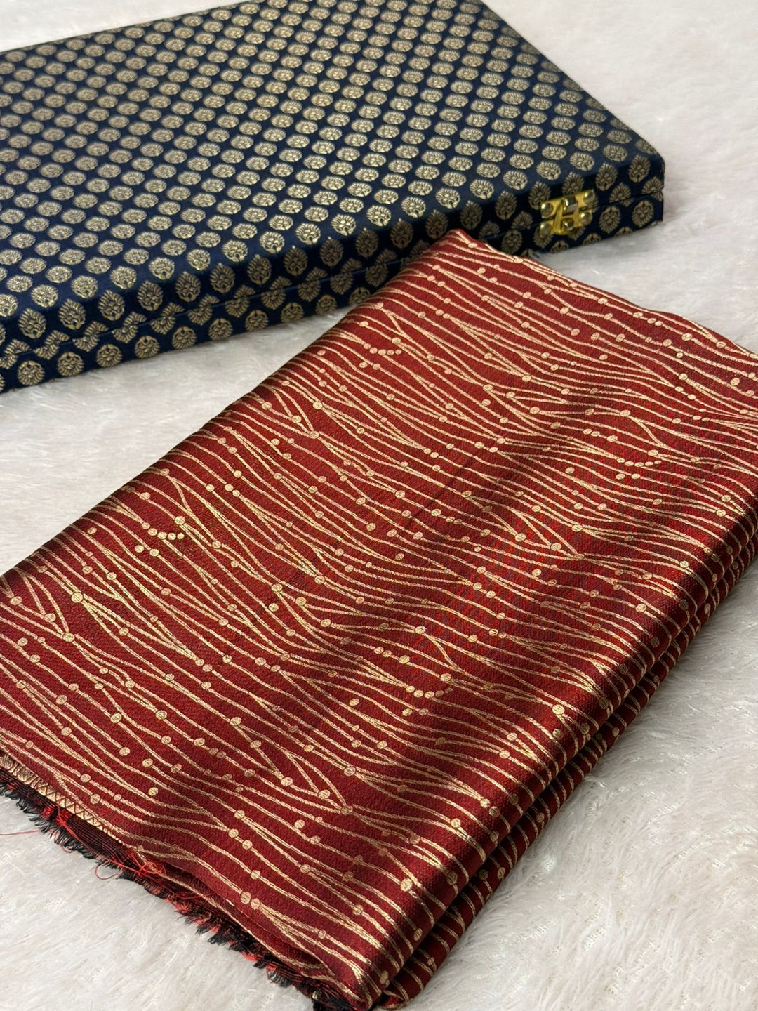 Dusty Maroon Pure Katan Silk Golden Zari Contemporary Weave Banarasi Saree