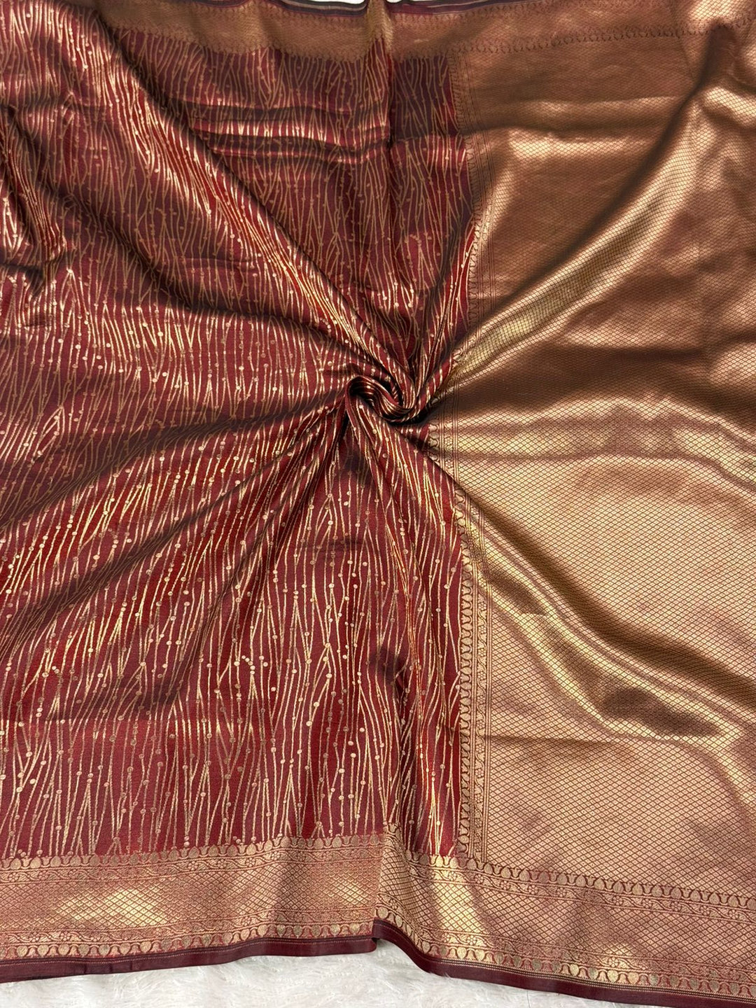 Dusty Maroon Pure Katan Silk Golden Zari Contemporary Weave Banarasi Saree