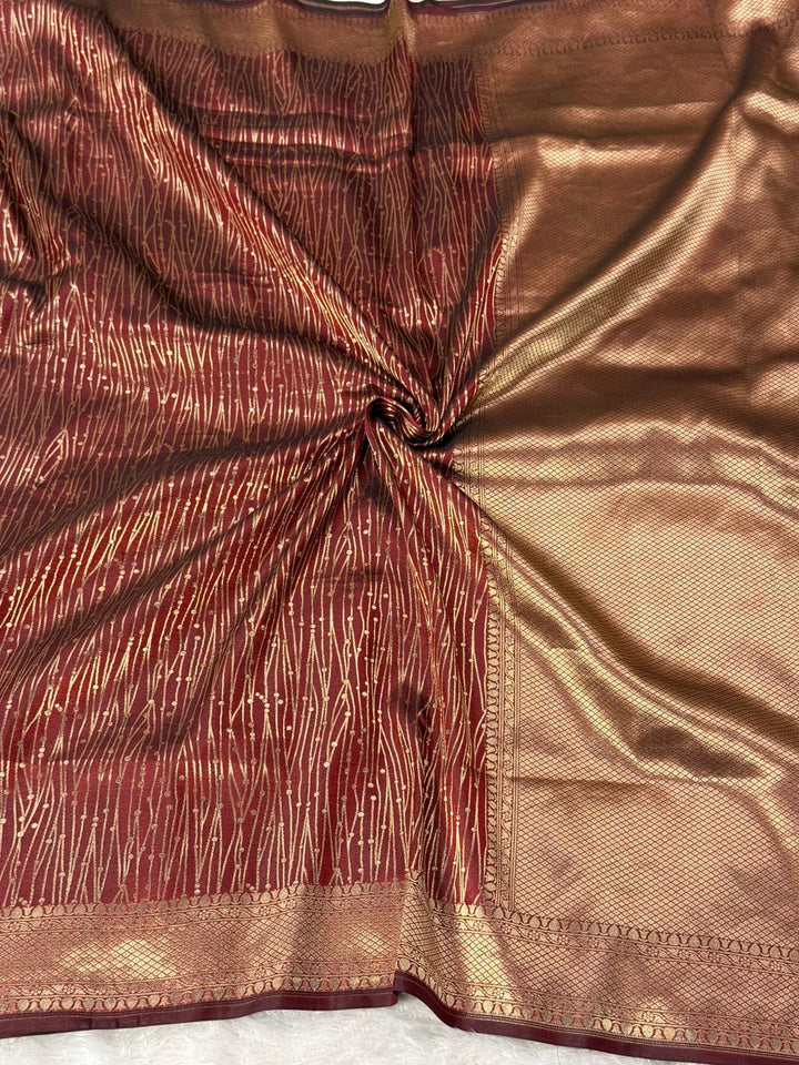 Dusty Maroon Pure Katan Silk Golden Zari Contemporary Weave Banarasi Saree