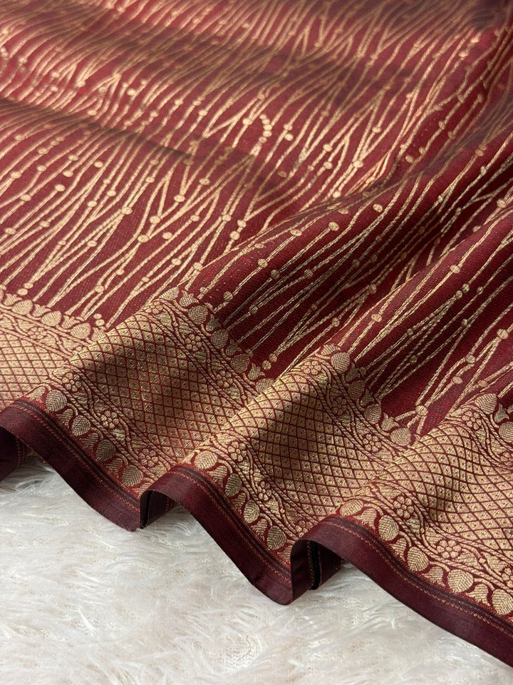 Dusty Maroon Pure Katan Silk Golden Zari Contemporary Weave Banarasi Saree