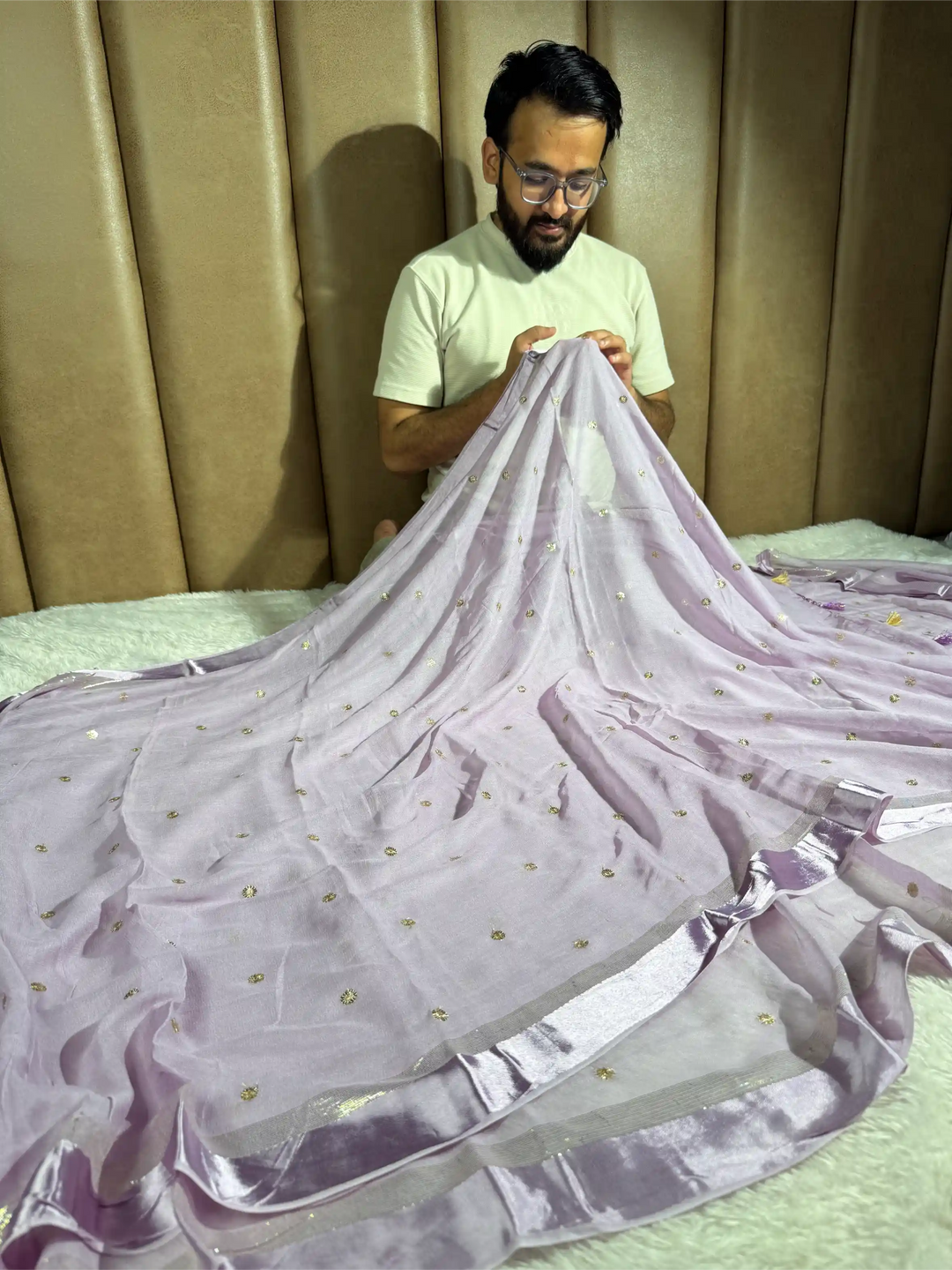 Dusty Lavender Viscose Georgette Silk Embroidered Saree