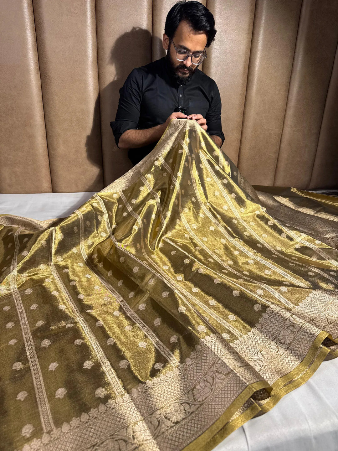 Dusty gold katan tissue silk Banarasi saree