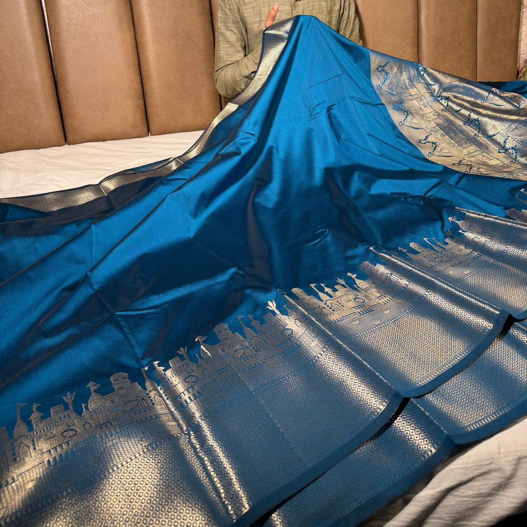 Light Blue Ghats Border Softsilk Banarasi Saree