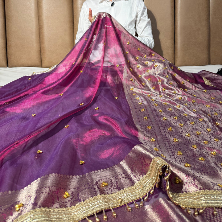 Metallic Violet Kora Tissue Viral Ghungroo Saree