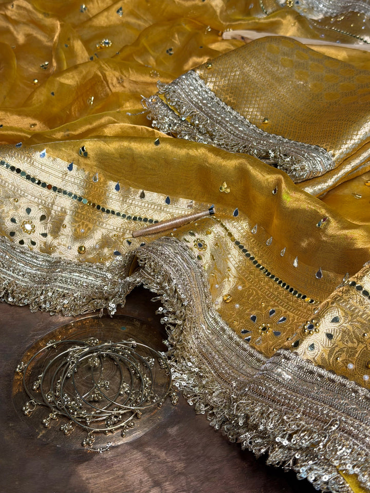 Bright Yellow Pure Tissue Ghungroo Mirror Work Saree