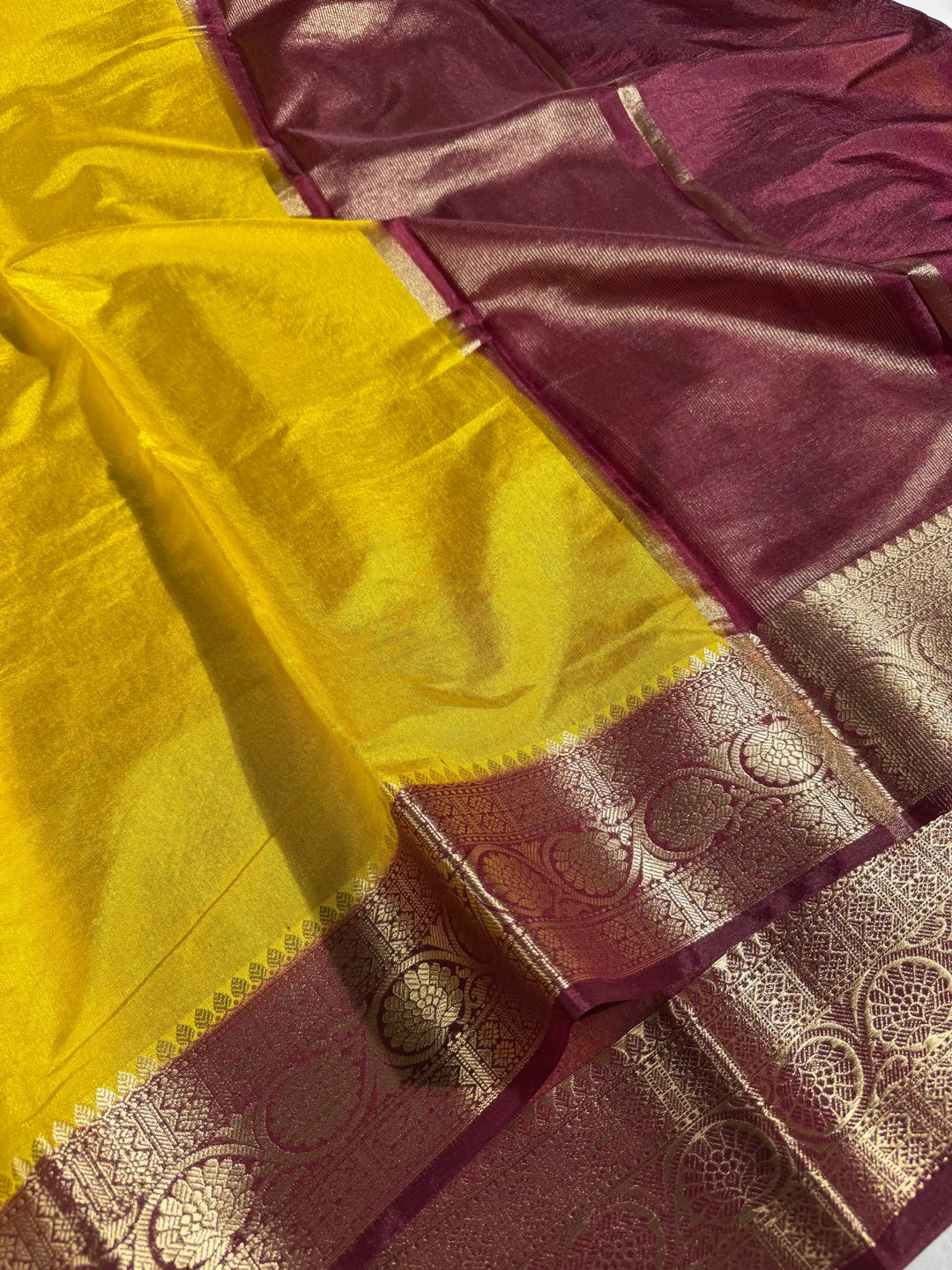 Contrast Mustard Mysore Crepe Silk Banarasi Saree