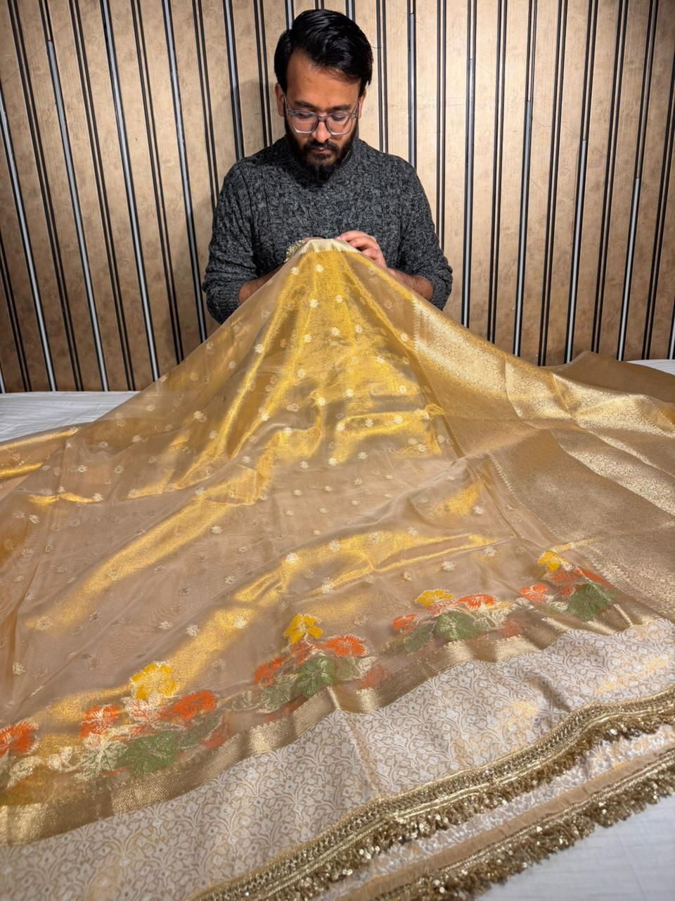 Eccentric Copper Tissue Silk Designer Lace Work Banarasi Saree