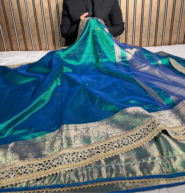 Eccentric Peacock Tissue Silk Mirror Work Banarasi Saree