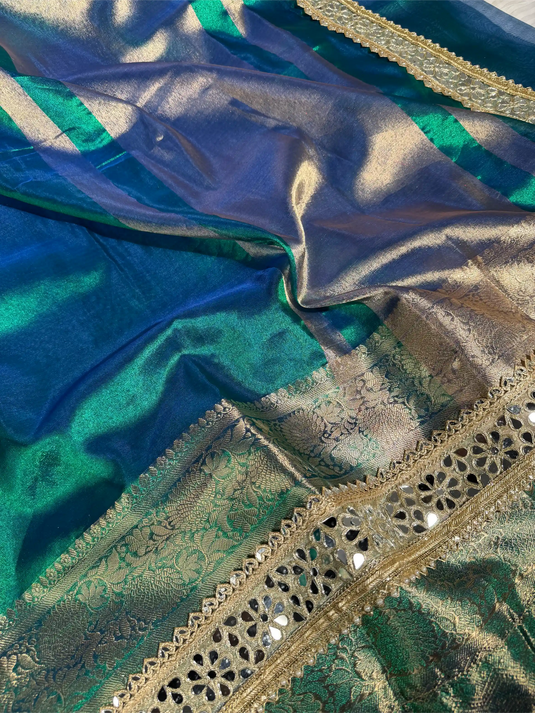 Eccentric Peacock Tissue Silk Mirror Work Banarasi Saree