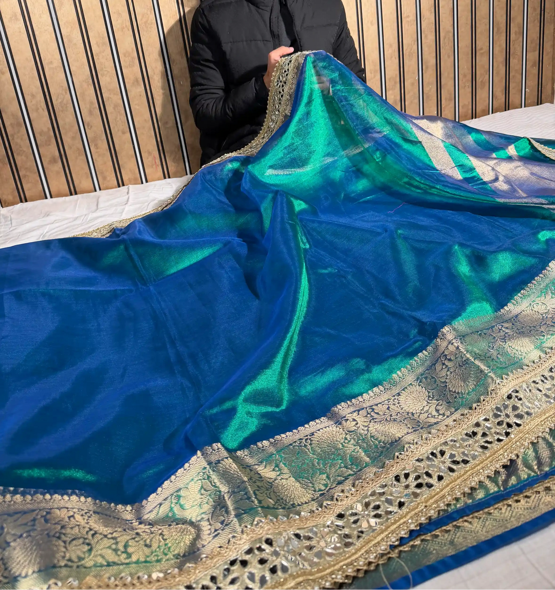 Eccentric Peacock Tissue Silk Mirror Work Banarasi Saree