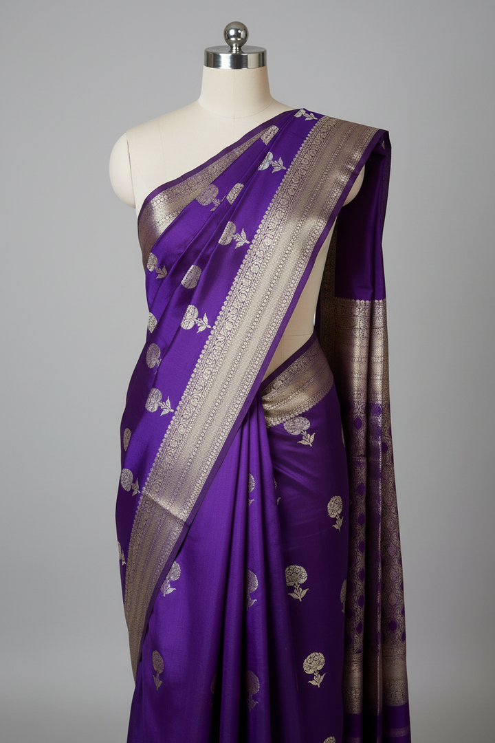 Baigani Pure Chiniya Silk Sona Roopa Heritage Buta Weave Banarasi Saree