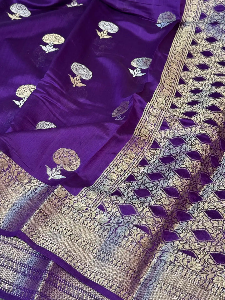 Baigani Pure Chiniya Silk Sona Roopa Heritage Buta Weave Banarasi Saree