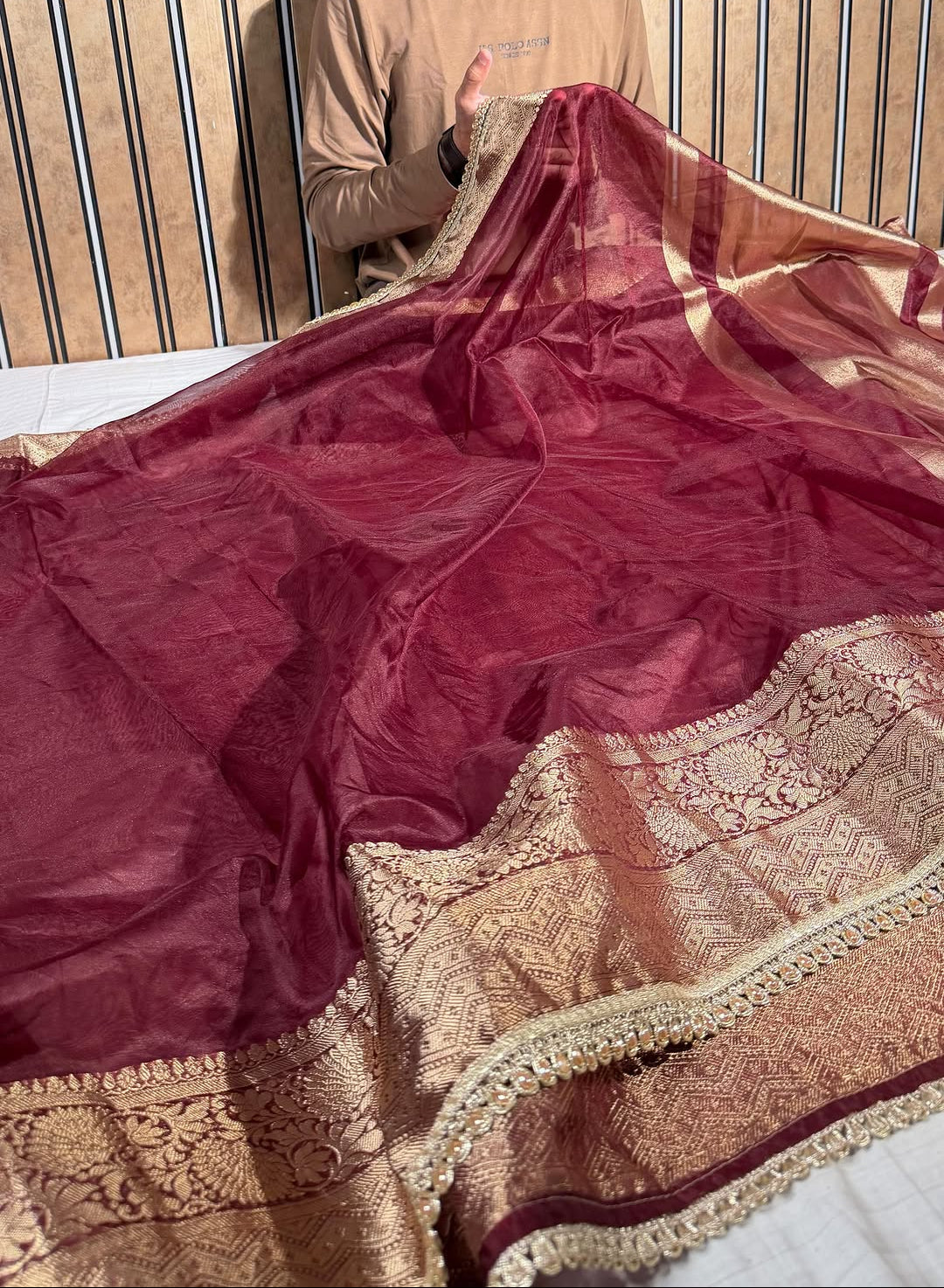 Eccentric Wine Shade Kora Organza Banarasi Saree with Designer Premium Lace Attached