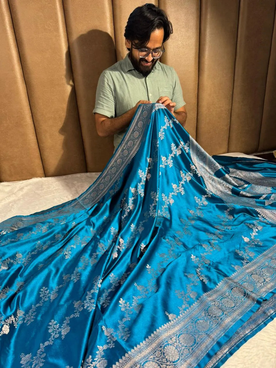 Emerald Blue Mashru Katan Silk Leheriya Pattern Banarasi Saree 