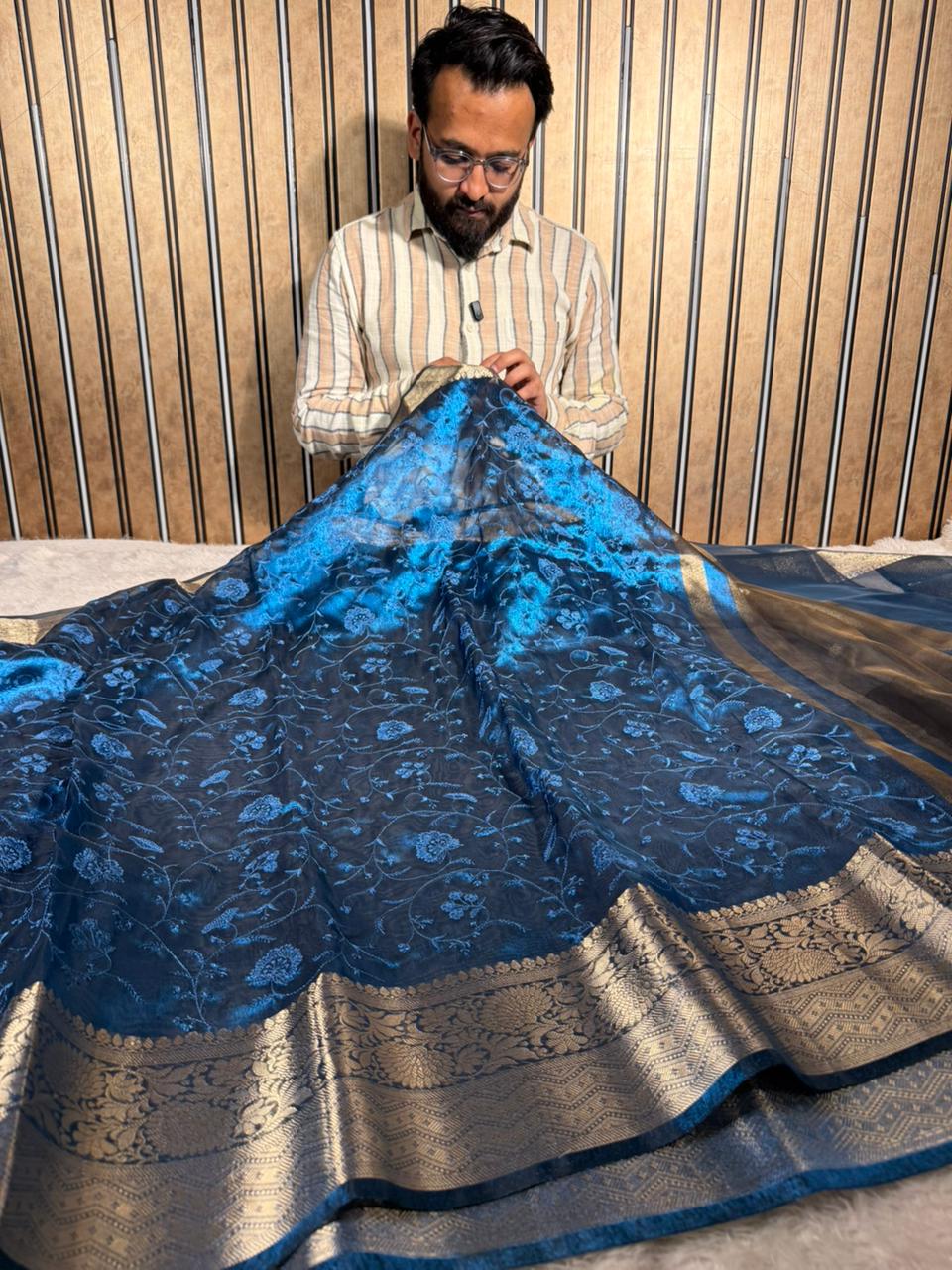 Emerald Blue Soft Tissue Silk Chikankari Embroidered Banarasi Saree 