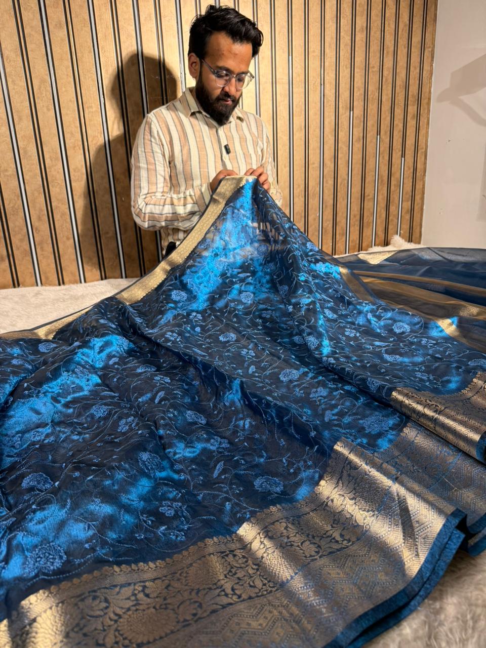 Emerald Blue Soft Tissue Silk Chikankari Embroidered Banarasi Saree 