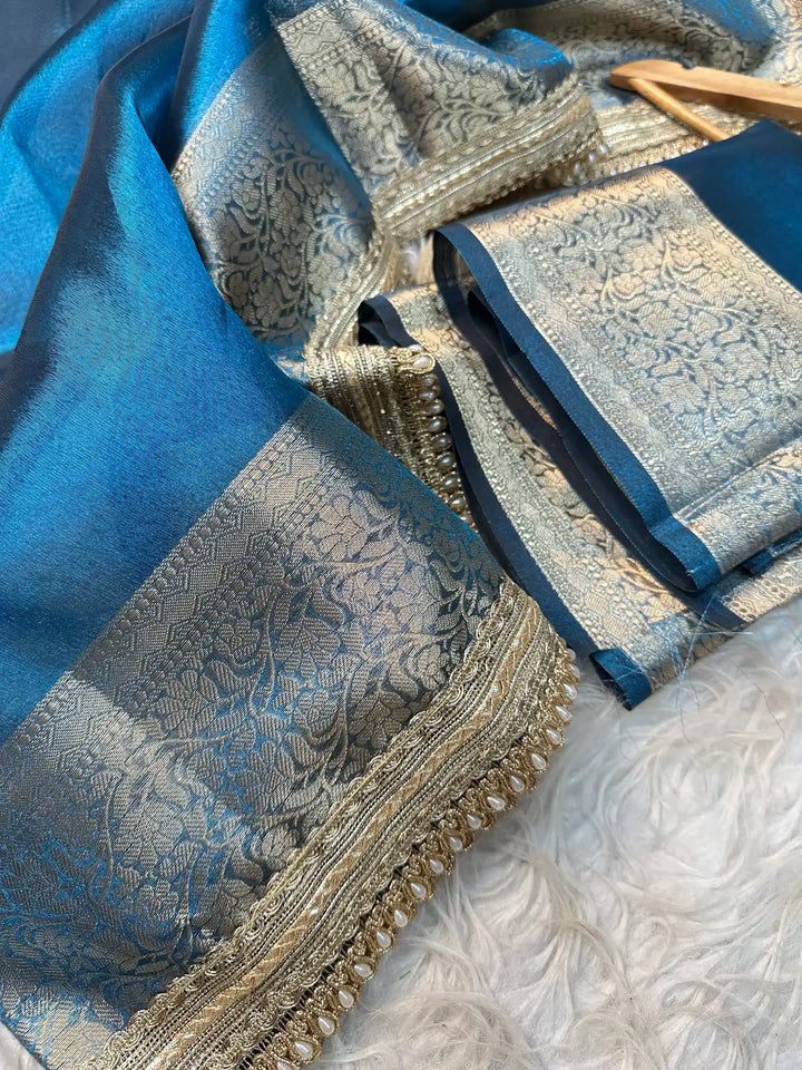 Emerald Blue Soft Tissue Silk Saree