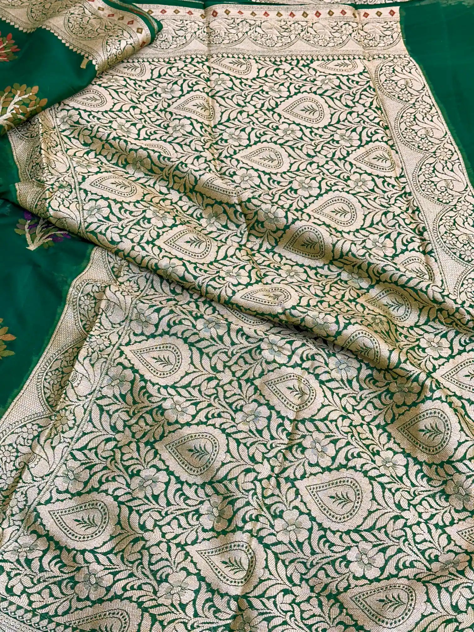 Emerald Green Chiffon Khaddi Buta Banarasi Saree