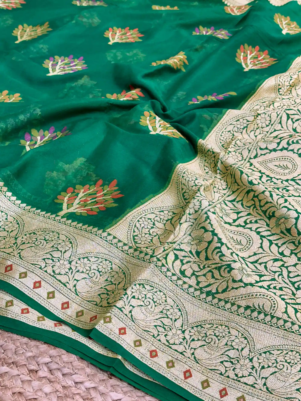 Emerald Green Chiffon Khaddi Buta Banarasi Saree