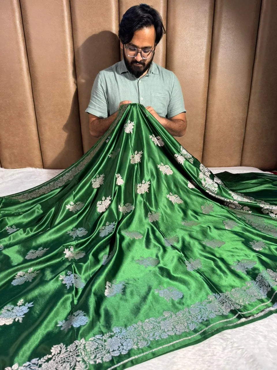 Emerald Green Mashru Katan Silk Banarasi Saree with Rich pallu and blouse