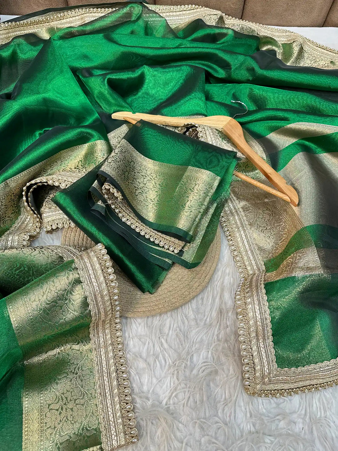 Emerald Green Soft Tissue Silk Designer Banarasi Saree with Premium Moti Lace Work
