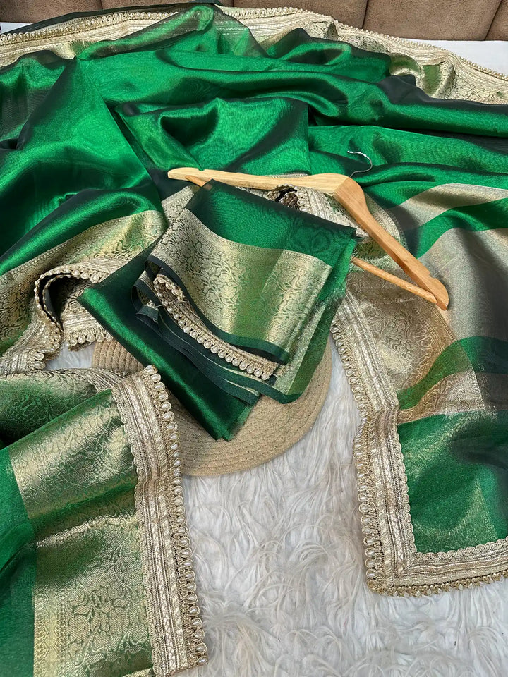 Emerald Green Soft Tissue Silk Designer Banarasi Saree with Premium Moti Lace Work