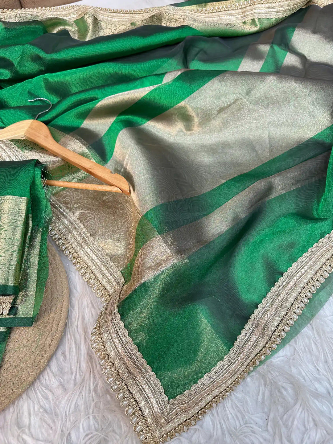 Emerald Green Soft Tissue Silk Designer Banarasi Saree with Premium Moti Lace Work