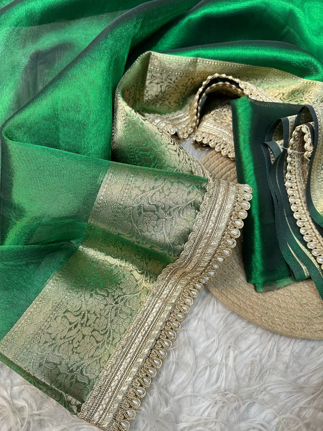 Emerald Green Soft Tissue Silk Designer Banarasi Saree with Premium Moti Lace Work