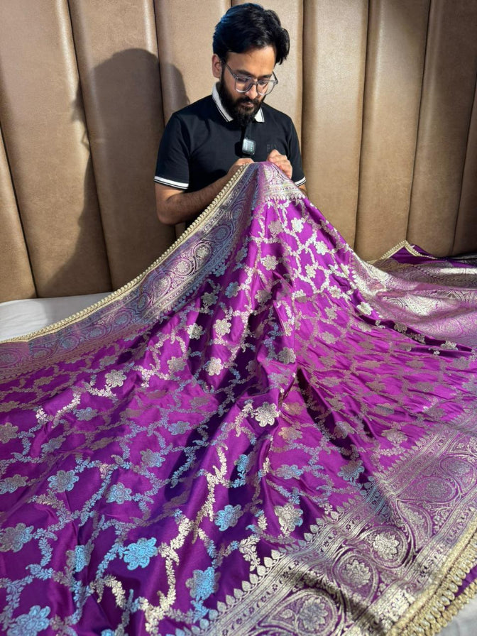 Exclusive Purple Satin Silk Heritage Banarasi Saree With Lace Work