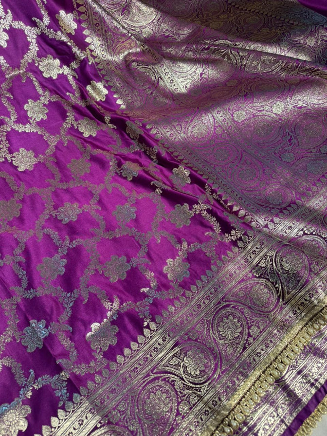 Exclusive Purple Satin Silk Heritage Banarasi Saree With Lace Work