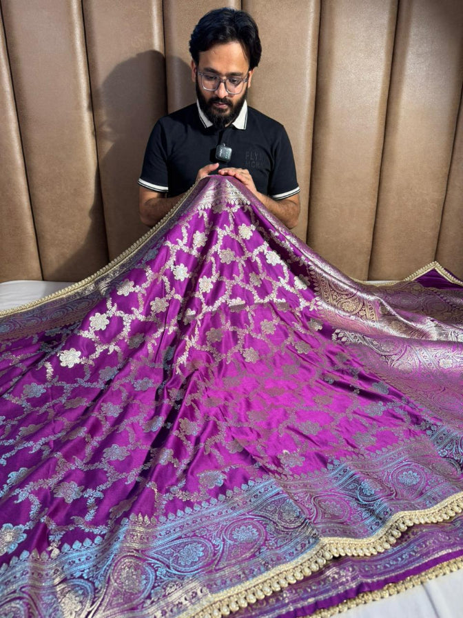 Exclusive Purple Satin Silk Heritage Banarasi Saree With Lace Work
