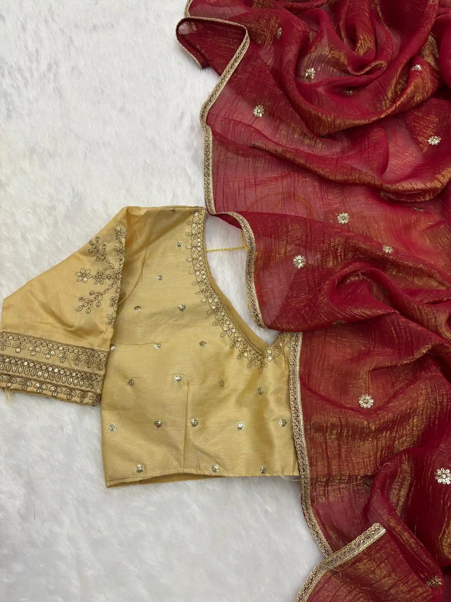 Exclusive Cherry Red Shade Shimmery Tissue Silk Saree