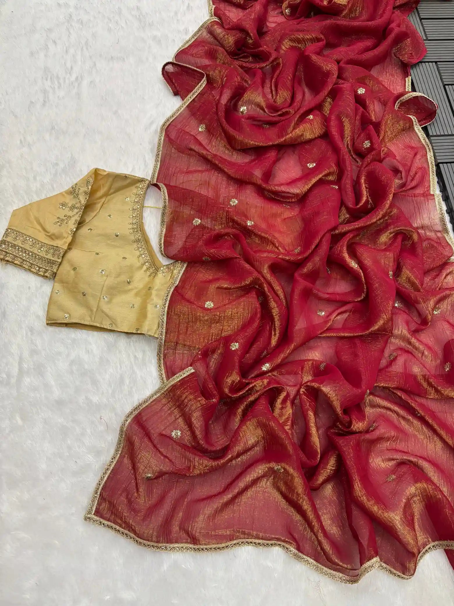 Exclusive Cherry Red Shade Shimmery Tissue Silk Saree