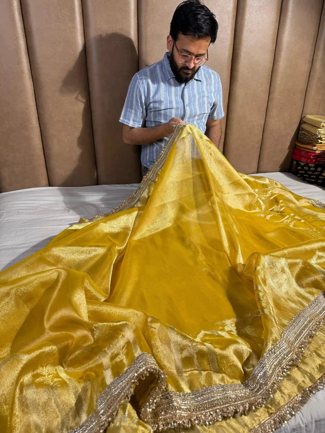 Excusite Yellow Tissue Silk Saree with Heeramandi Lace 