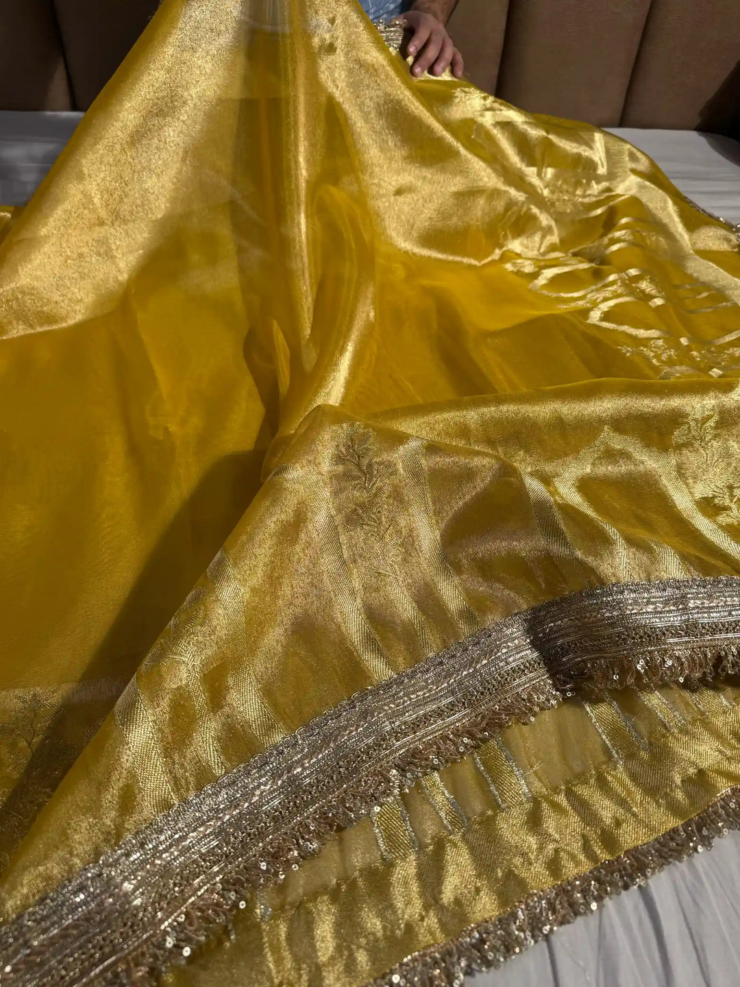 Excusite Yellow Tissue Silk Saree with Heeramandi Lace 