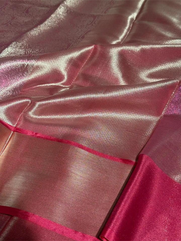 Eye Soothing Metallic Pink Glass Tissue Silk Banarasi Saree