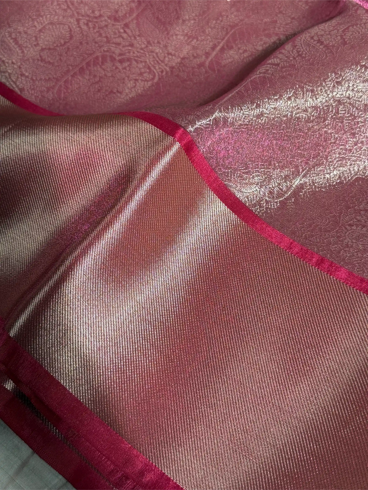 Eye Soothing Metallic Pink Glass Tissue Silk Banarasi Saree