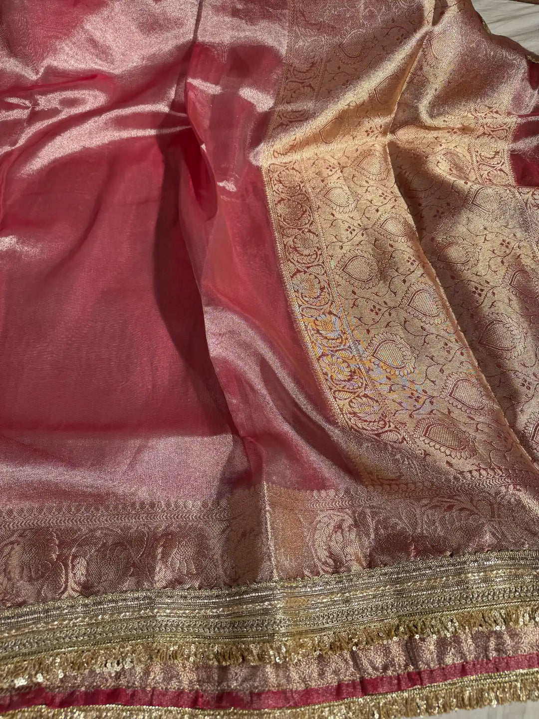 Eye soothing Light Pink Tissue Silk Gota Work Banarasi Saree