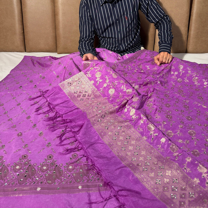 Pretty Lavender Chinia Silk Banarasi Mirror Work Suit