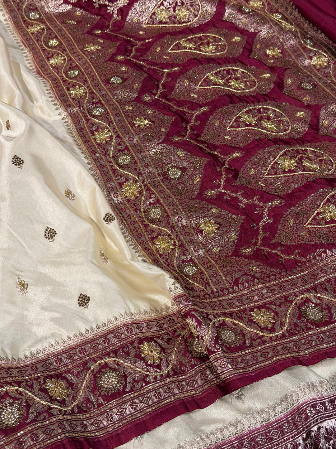 Off White Mashru Katan Silk Handwork Banarasi Saree