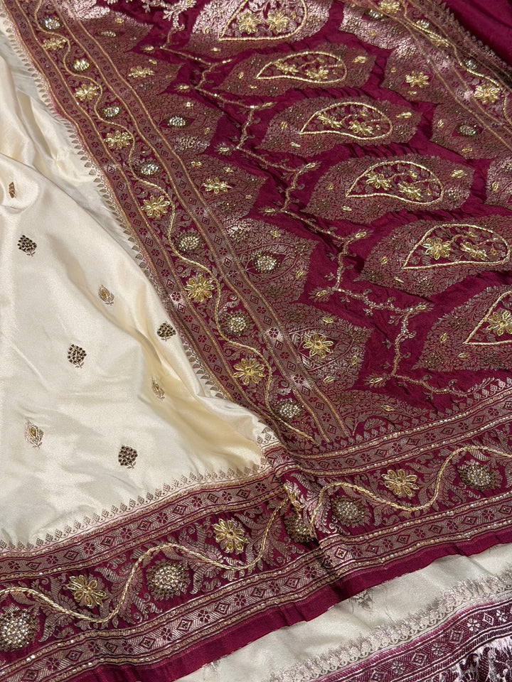 Off White Mashru Katan Silk Handwork Banarasi Saree