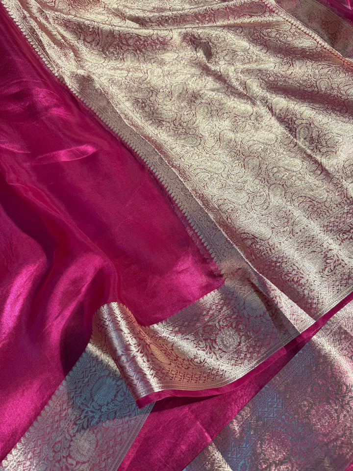 Metallic Rani Pink Pure Tissue Silk Border Saree