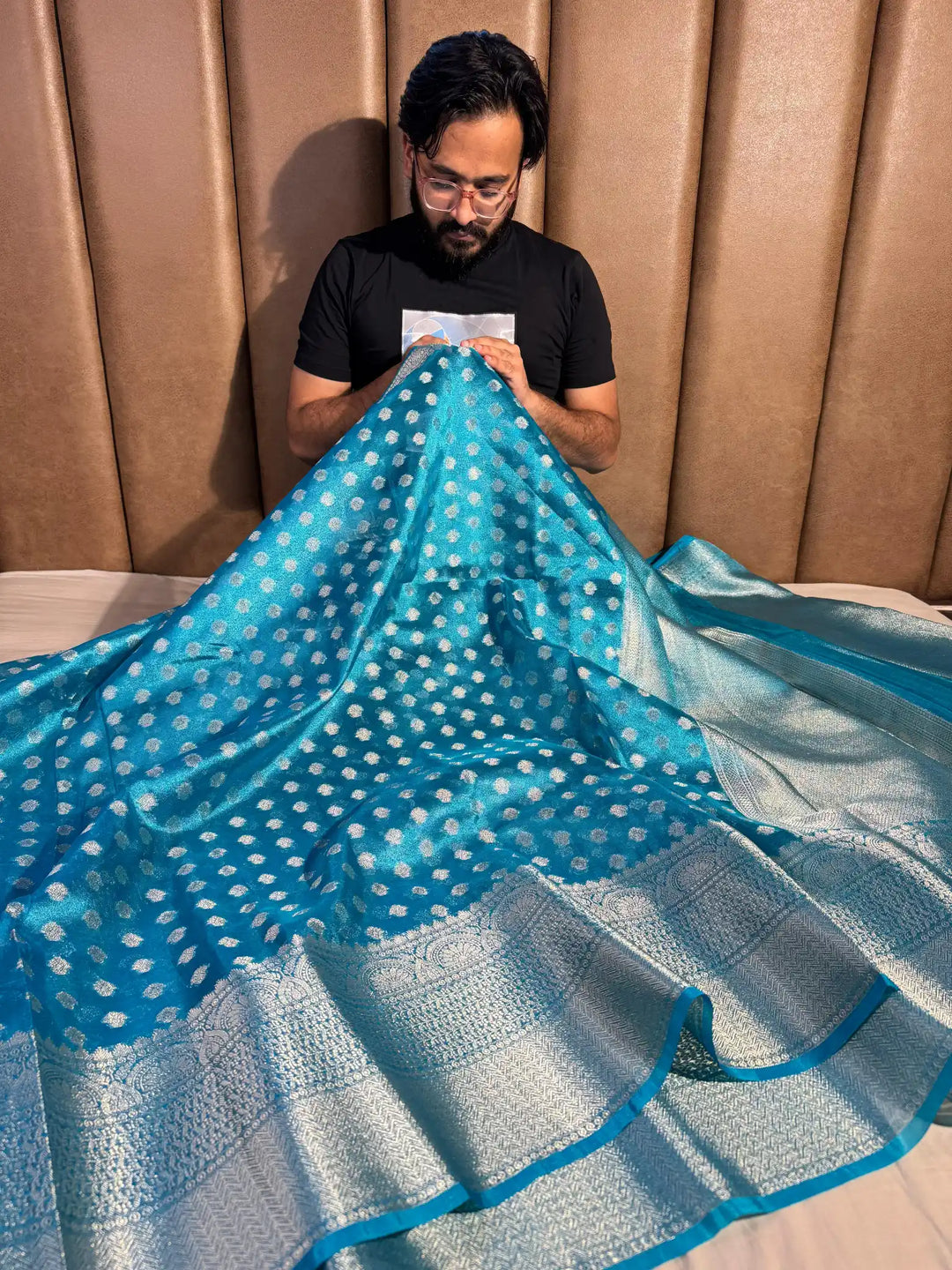 Fairytale Blue Tissue Silk Saree with rich pallu and blouse