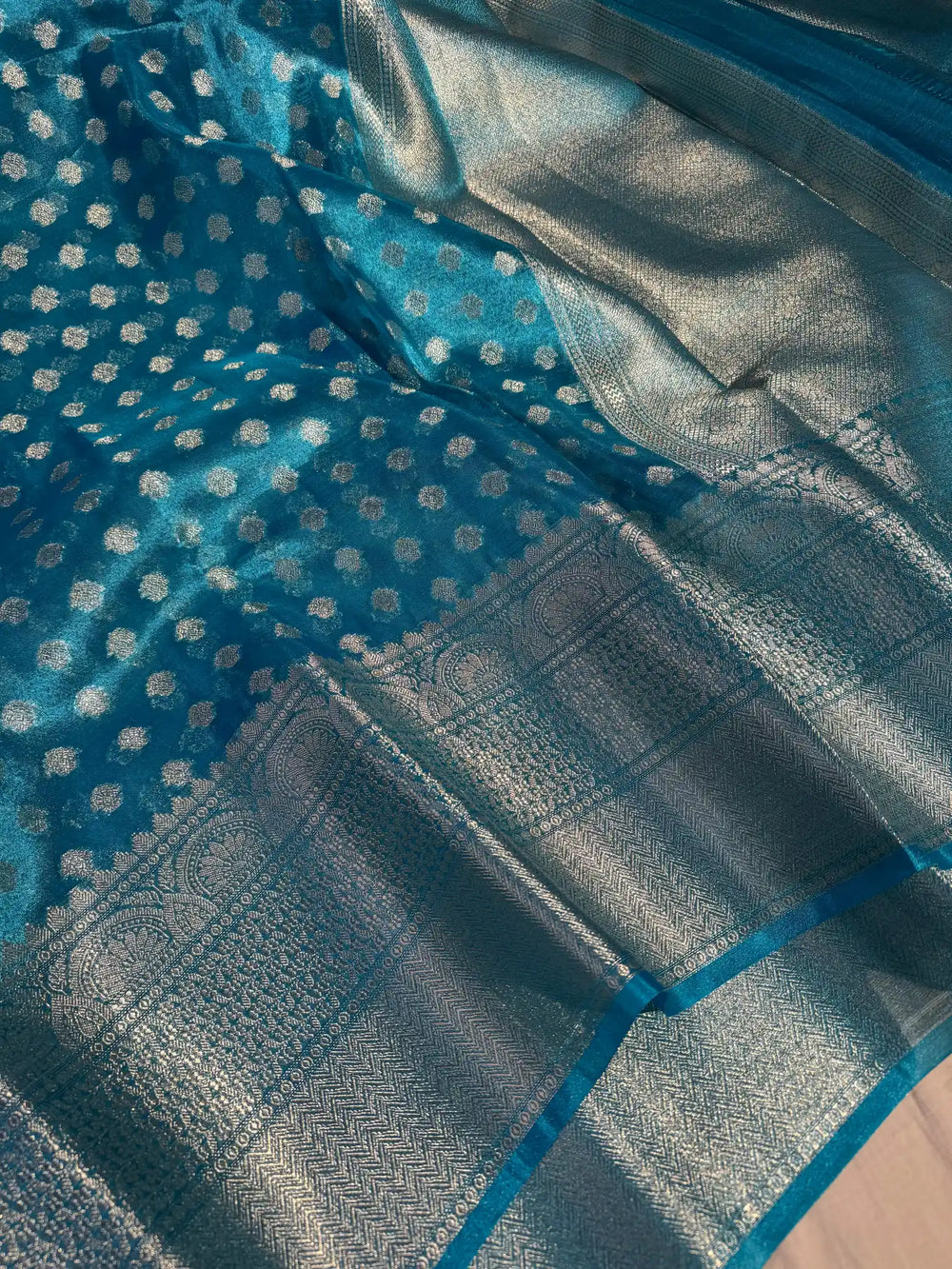 Fairytale Blue Tissue Silk Saree with rich pallu and blouse