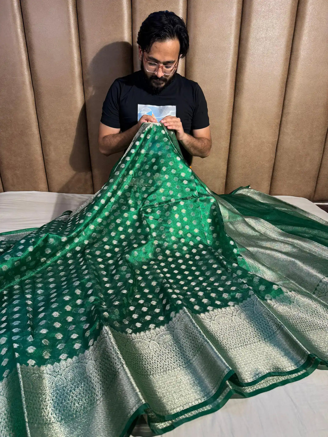 Fairytale Emerald Green Tissue Silk Saree with rich pallu and blouse