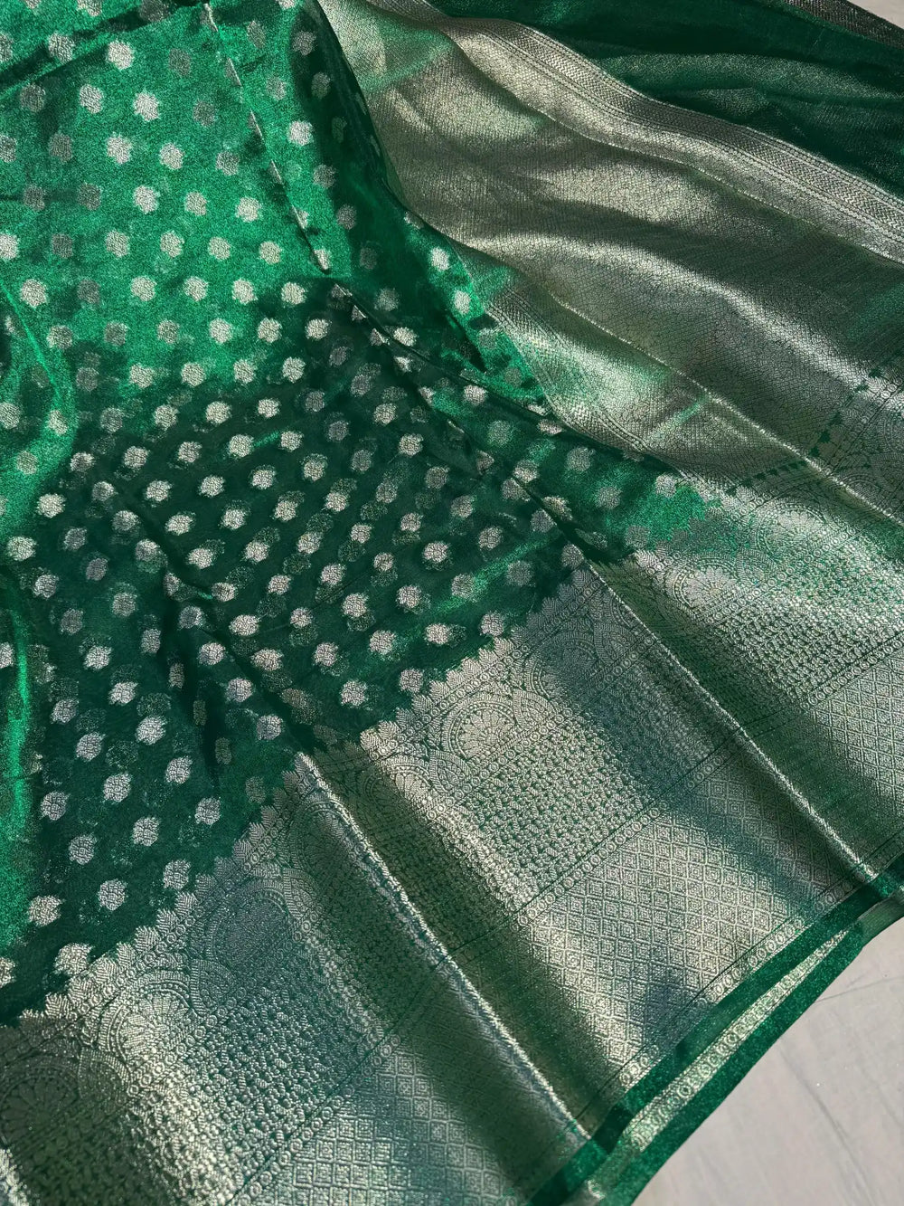 Fairytale Emerald Green Tissue Silk Saree with rich pallu and blouse