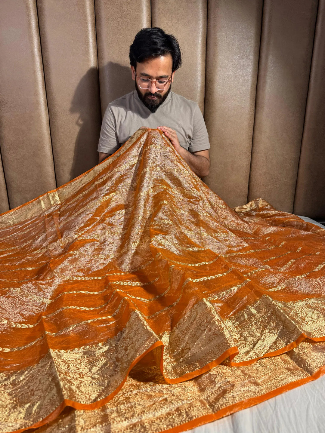 Fanta Orange Banarasi crush tissue silk saree with rich pallu and blouse